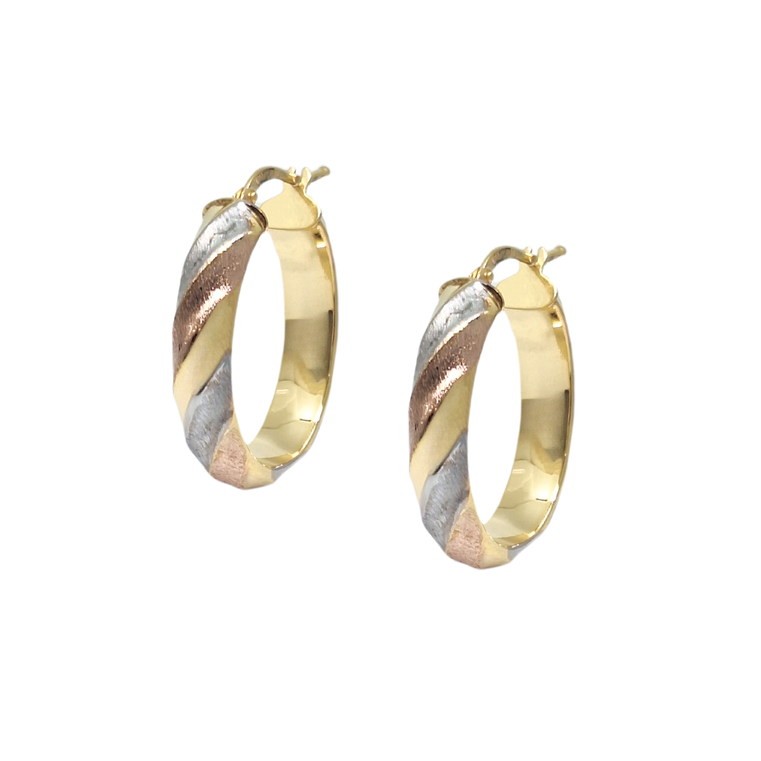 9ct Yellow, White & Rose Gold Oval Hoop Earrings