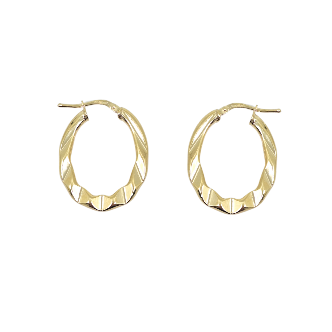 9ct Yellow Gold Faceted Oval Hoop Earrings