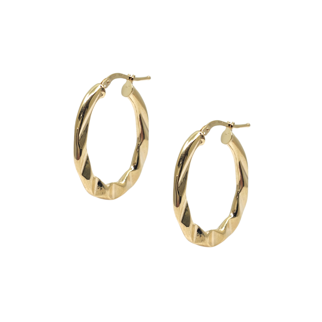 9ct Yellow Gold Faceted Oval Hoop Earrings