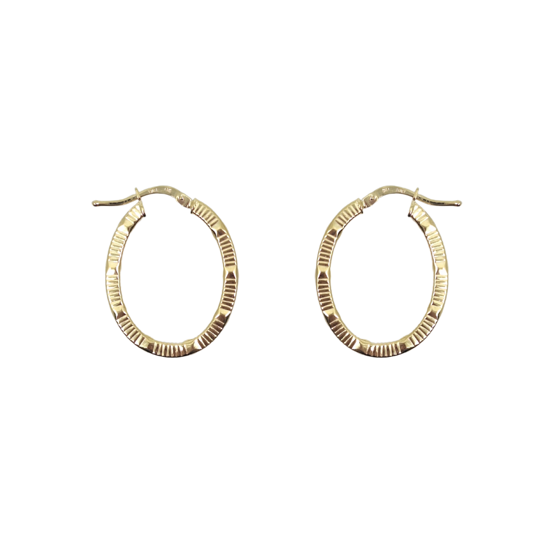 9ct Yellow Gold Patterned Oval Hoop Earrings