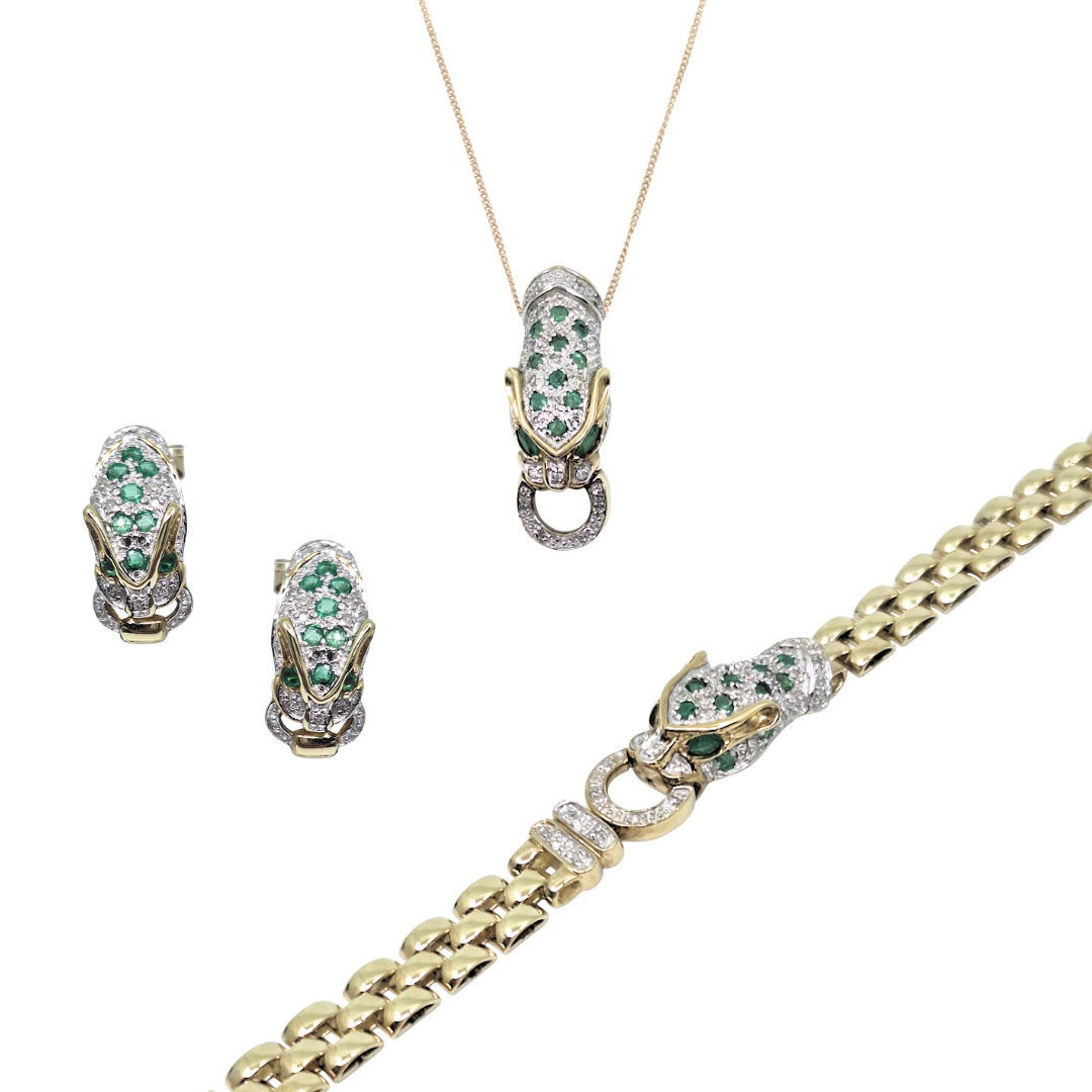 9ct Yellow Gold Emerald & Diamond Panther Set