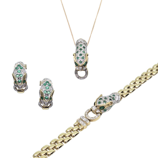 9ct Yellow Gold Emerald & Diamond Panther Set