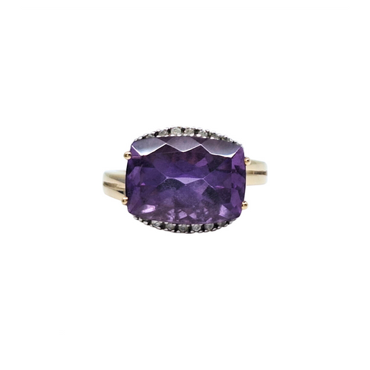 9ct Yellow Gold Amethyst & Diamond Ring