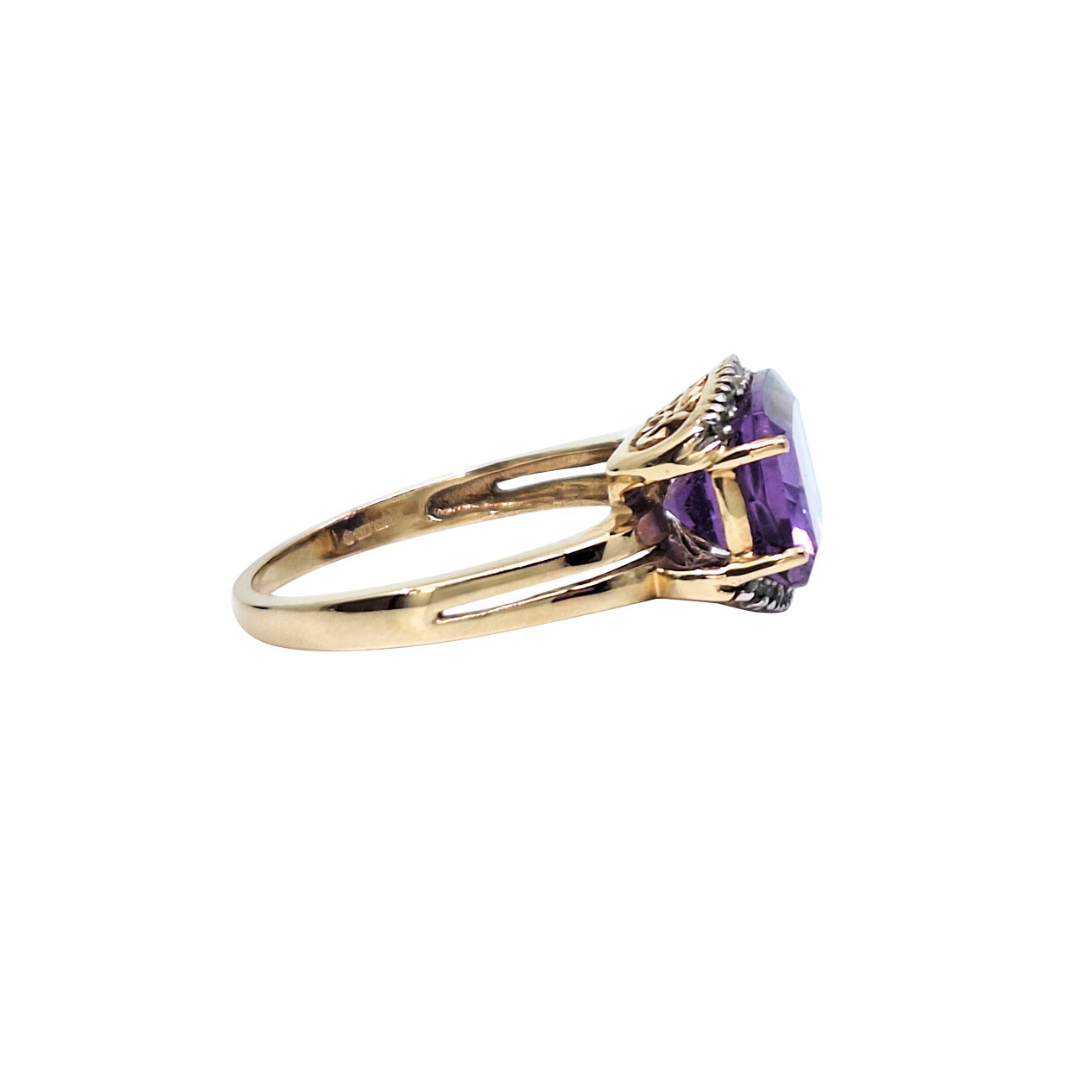 9ct Yellow Gold Amethyst & Diamond Ring