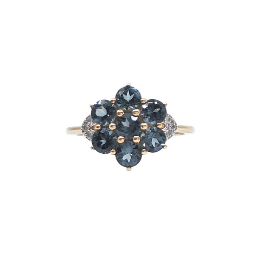 9ct Yellow Gold Blue Gemstone & Diamond Cluster Ring