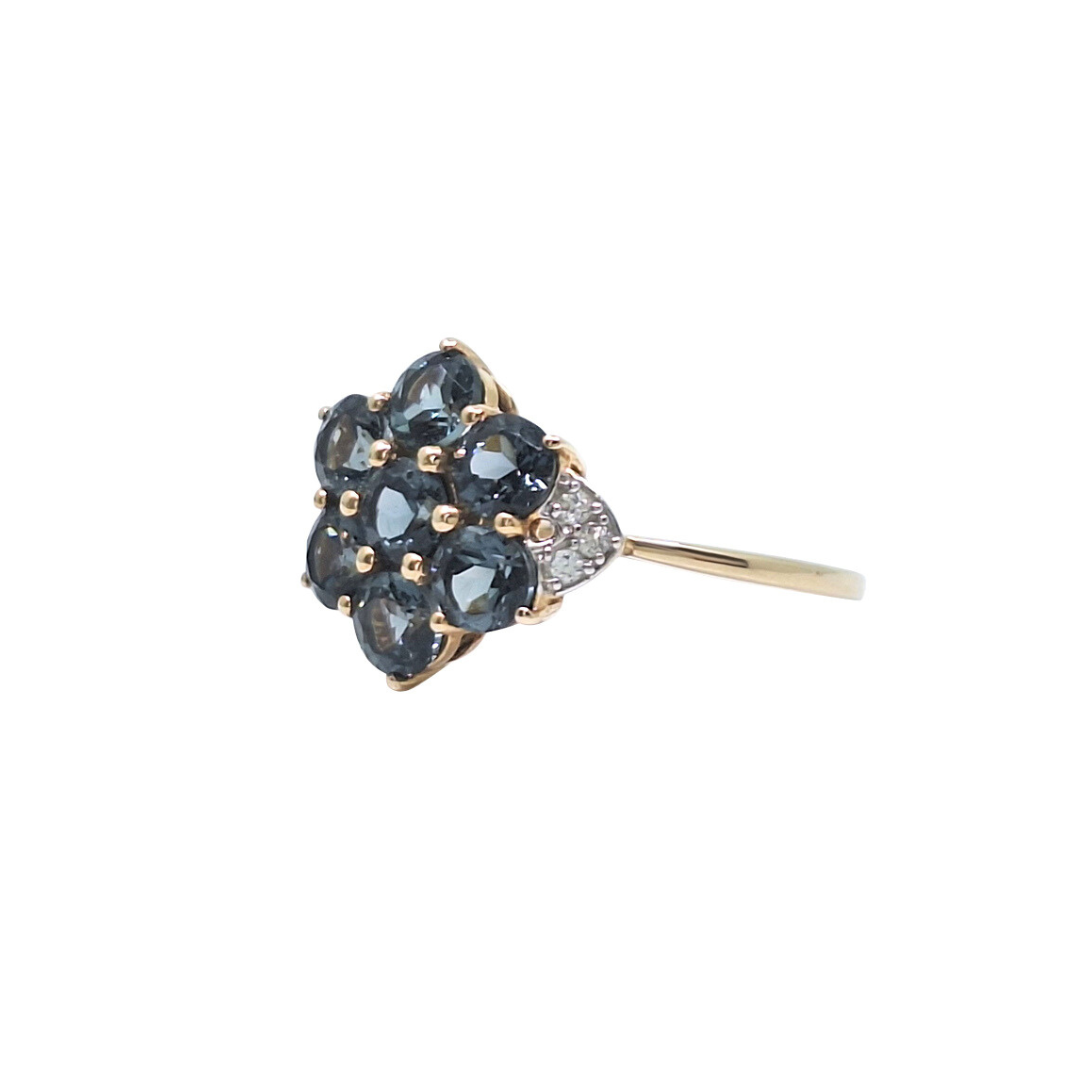 9ct Yellow Gold Blue Gemstone & Diamond Cluster Ring