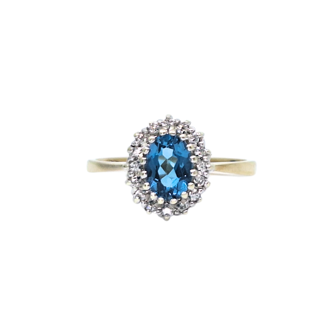 9ct Yellow Gold Blue Topaz & Diamond Cluster Ring