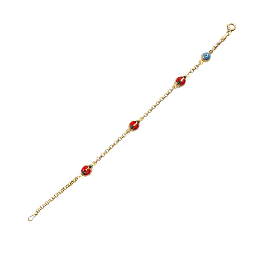 14ct Yellow Gold Enamel Ladybird Children's Bracelet 6"