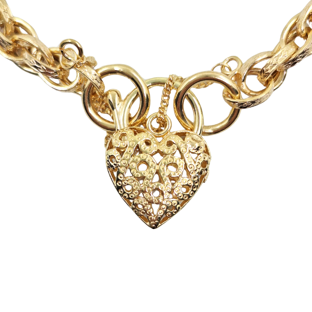 9ct Yellow Gold Prince Of Wales Bracelet With Filigree Heart Clasp