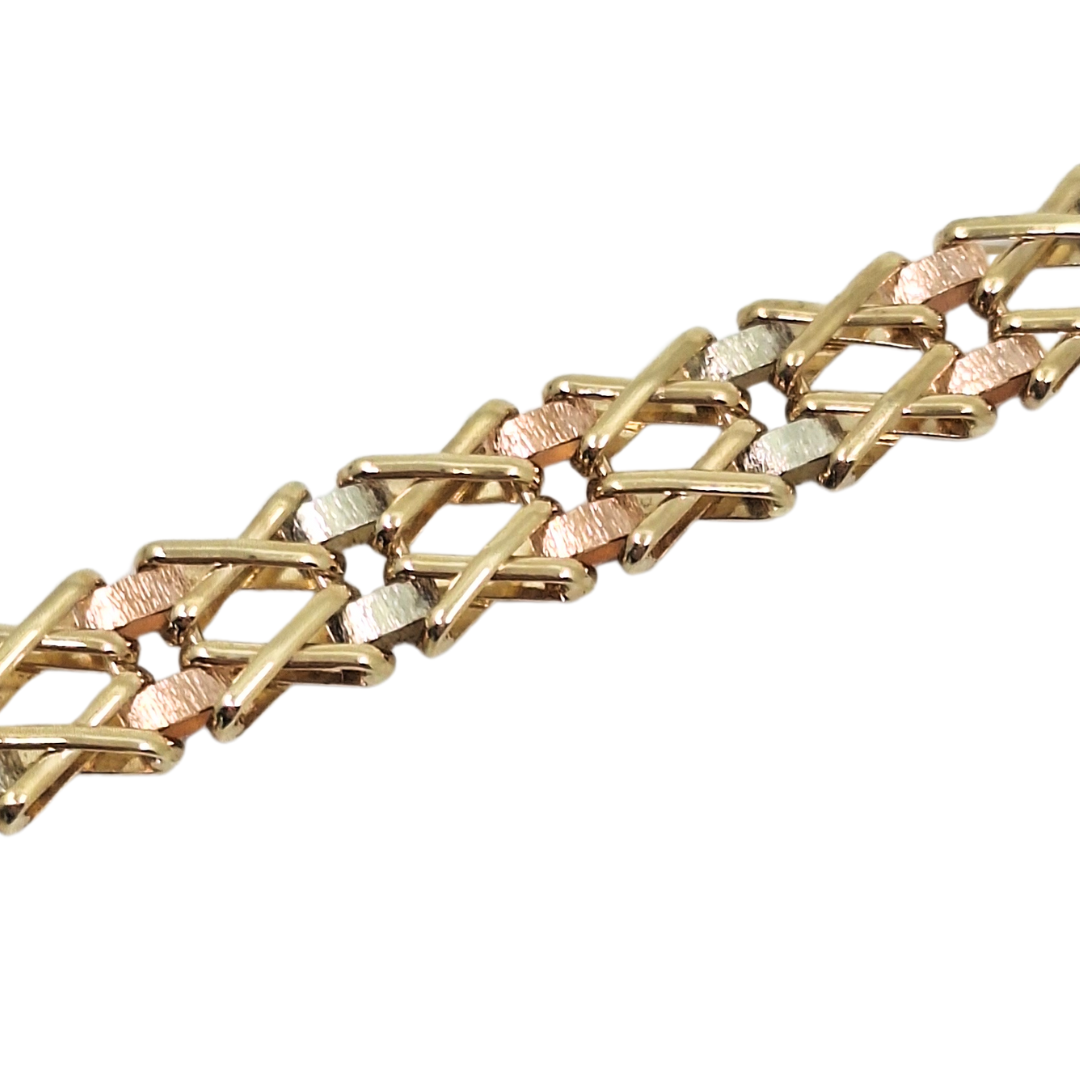 9ct Three Colour Gold Link Bracelet 7.5"