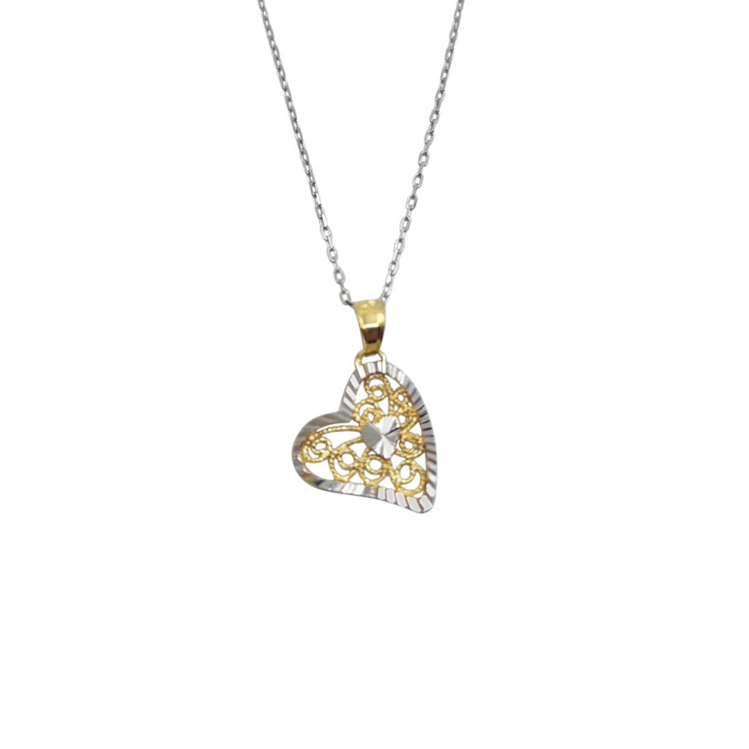 14ct Yellow & White Gold Filigree Heart Necklace 18"