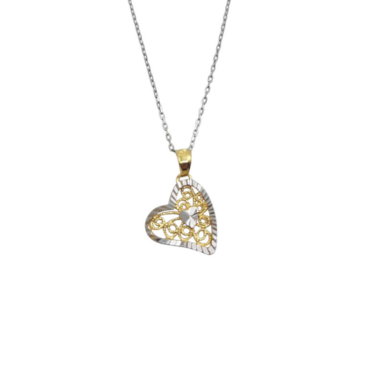 14ct Yellow & White Gold Filigree Heart Necklace 18"