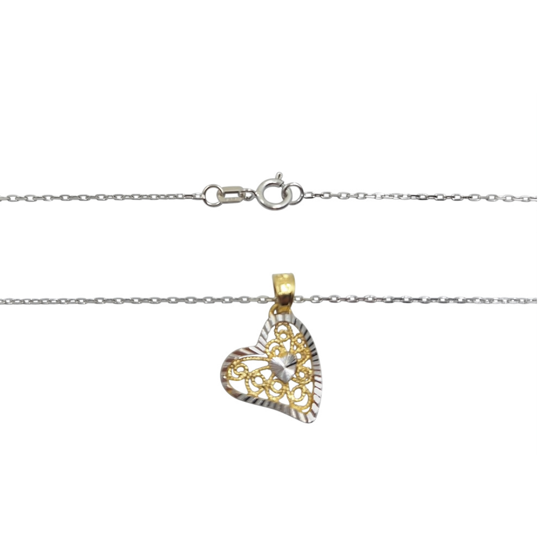 14ct Yellow & White Gold Filigree Heart Necklace 18"