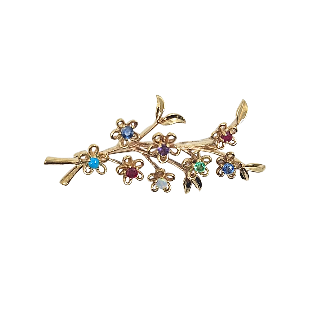 9ct Yellow Gold Multi Gemstone Flower Brooch