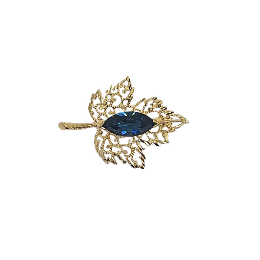 9ct Yellow Gold Blue Stone Leaf Brooch