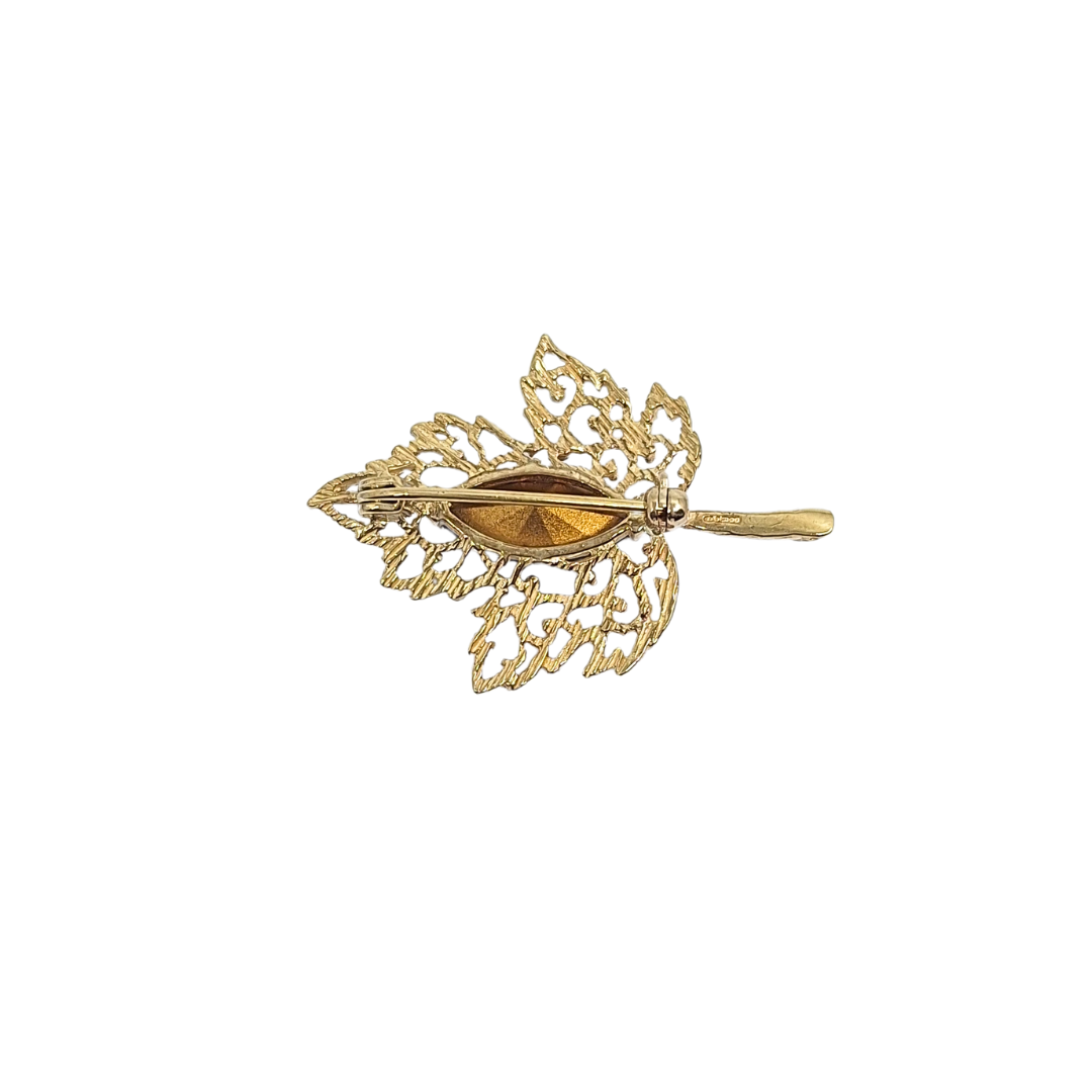 9ct Yellow Gold Blue Stone Leaf Brooch