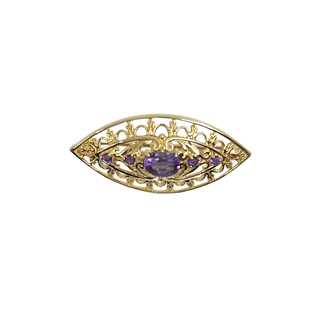 9ct Yellow Gold Amethyst Filigree Brooch