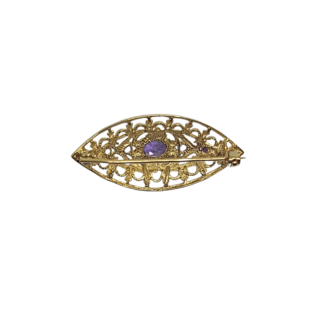 9ct Yellow Gold Amethyst Filigree Brooch