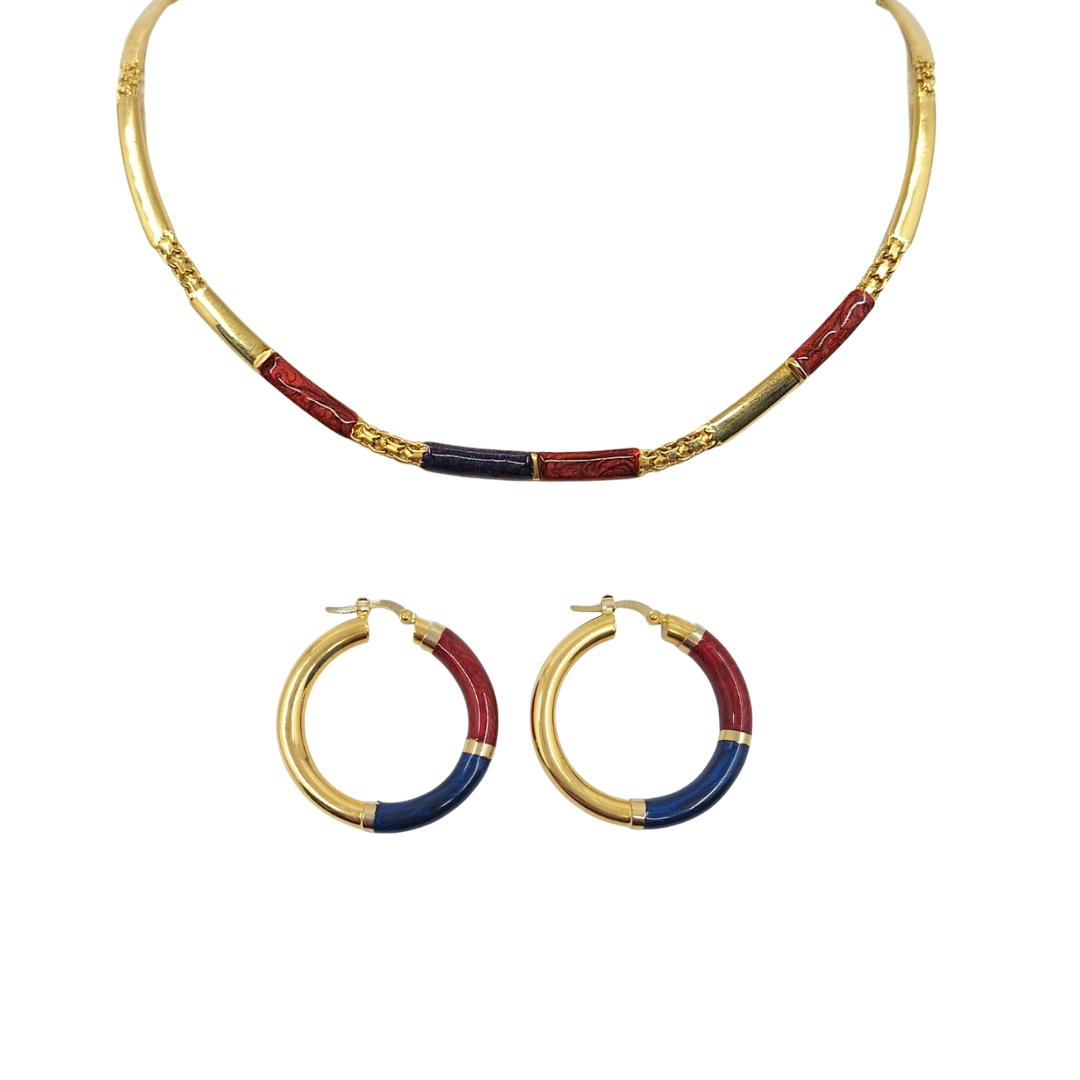 18ct Yellow Gold Blue & Red Enamel Necklace & Earring Set