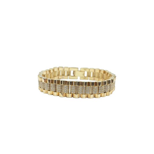 9ct Yellow Gold CZ Rolex Style Bracelet 7.25"