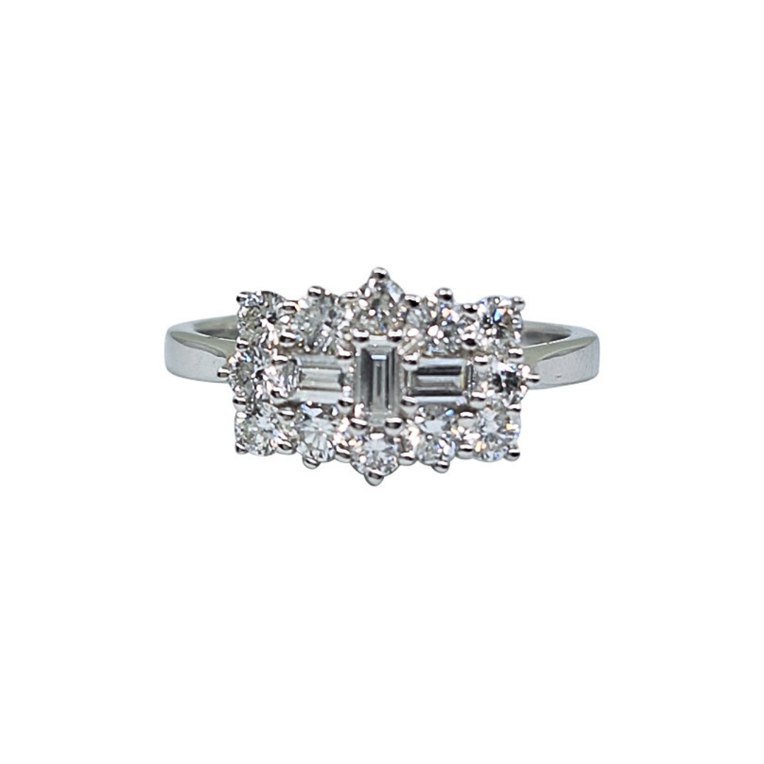 18ct White Gold Baguette & Round Diamond Cluster Ring D:77pt