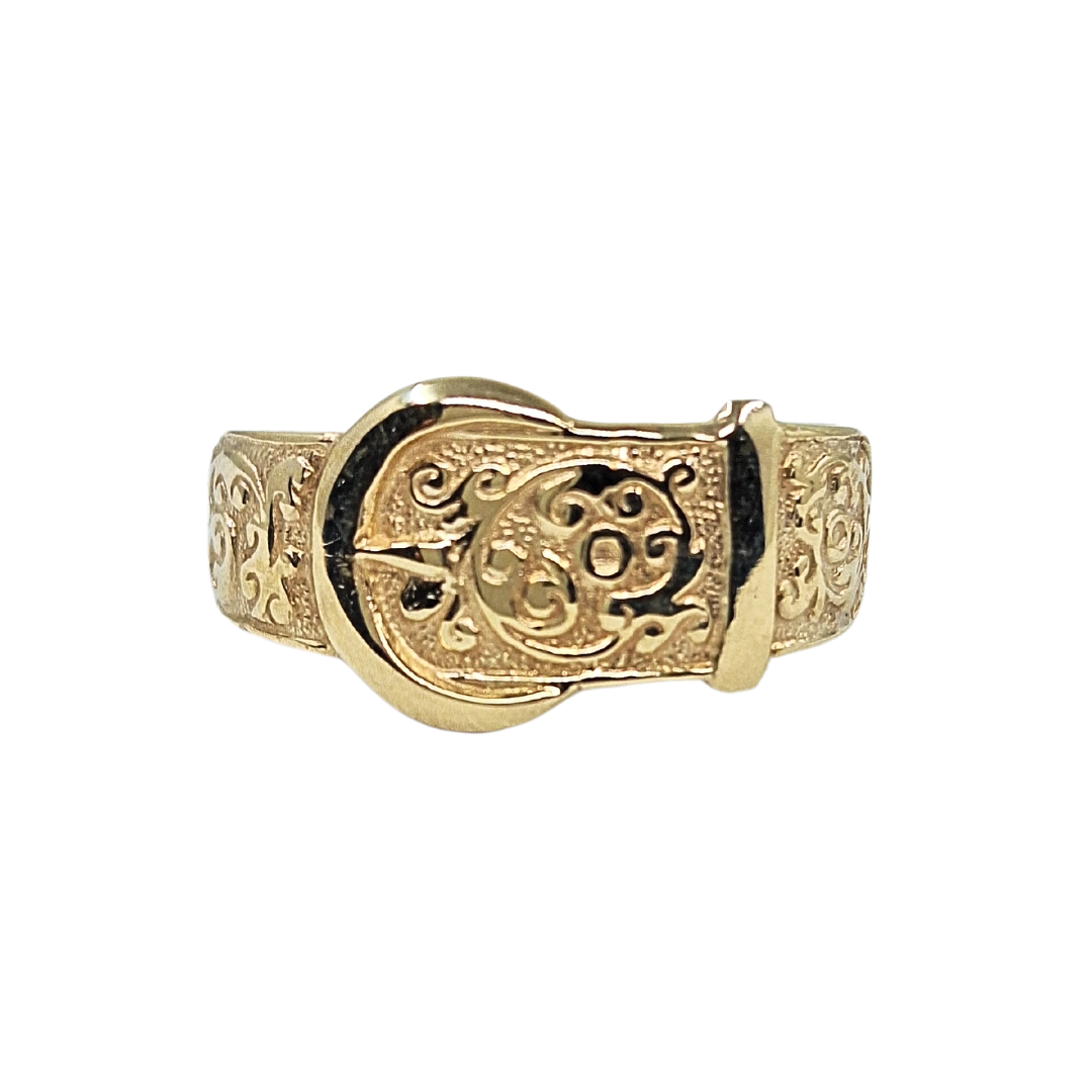 9ct Yellow Gold Engraved Buckle Ring