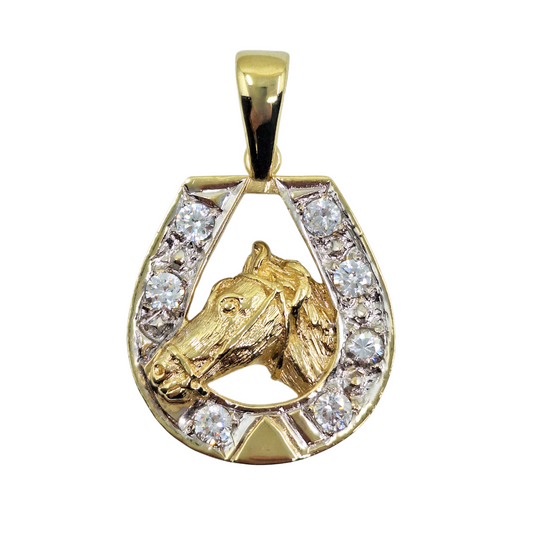 9ct Yellow Gold Cubic Zirconia Horseshoe Pendant With Horsehead