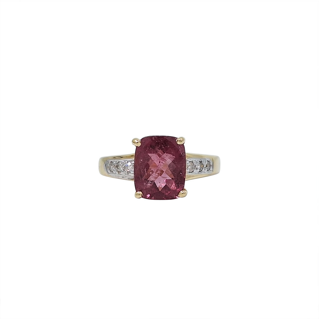 9ct Yellow Gold Rubellite & Diamond Ring