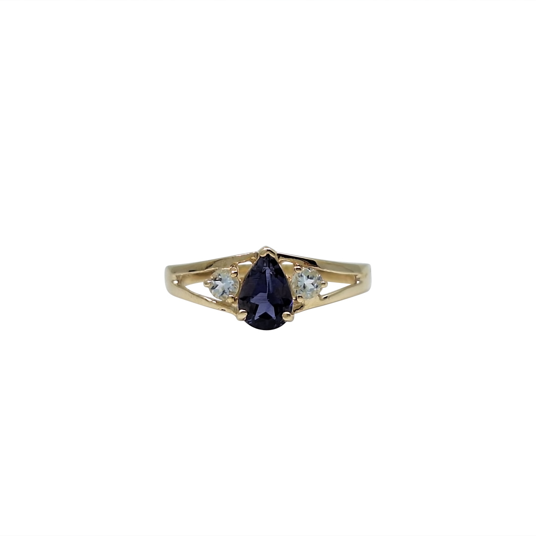 9ct Yellow Gold Aquamarine & Iolite Three Stone Ring