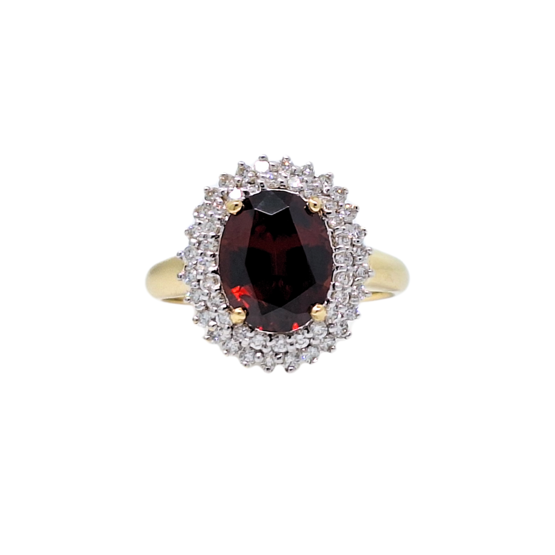 18ct Yellow Gold Red Zircon & Diamond Cluster Ring