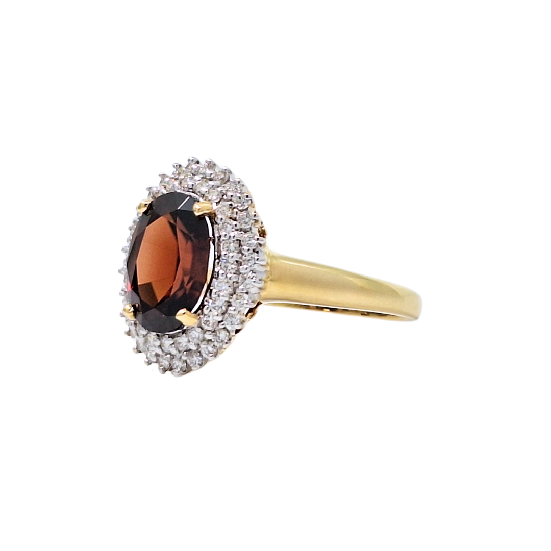 18ct Yellow Gold Red Zircon & Diamond Cluster Ring