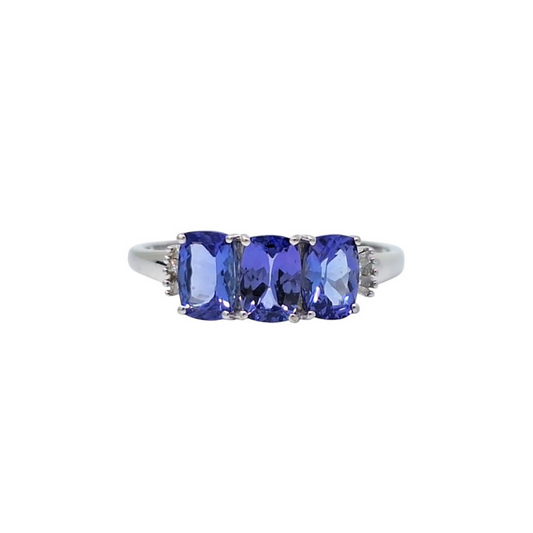 9ct White Gold Tanzanite & Diamond 3 Stone Ring