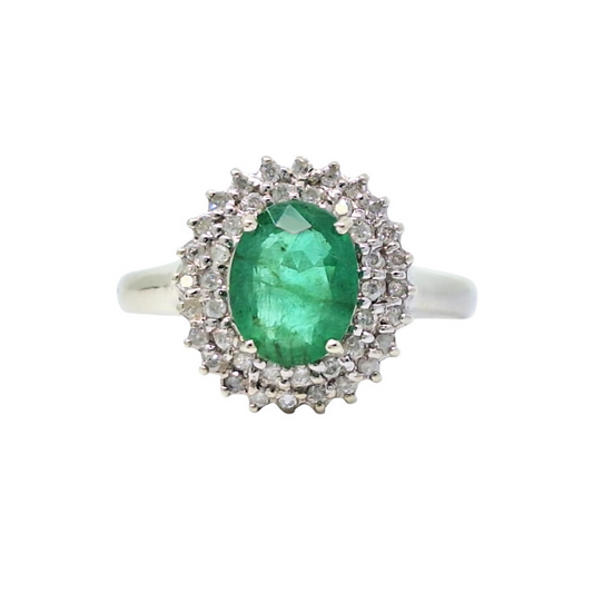 9ct White Gold Emerald & Diamond Cluster Ring