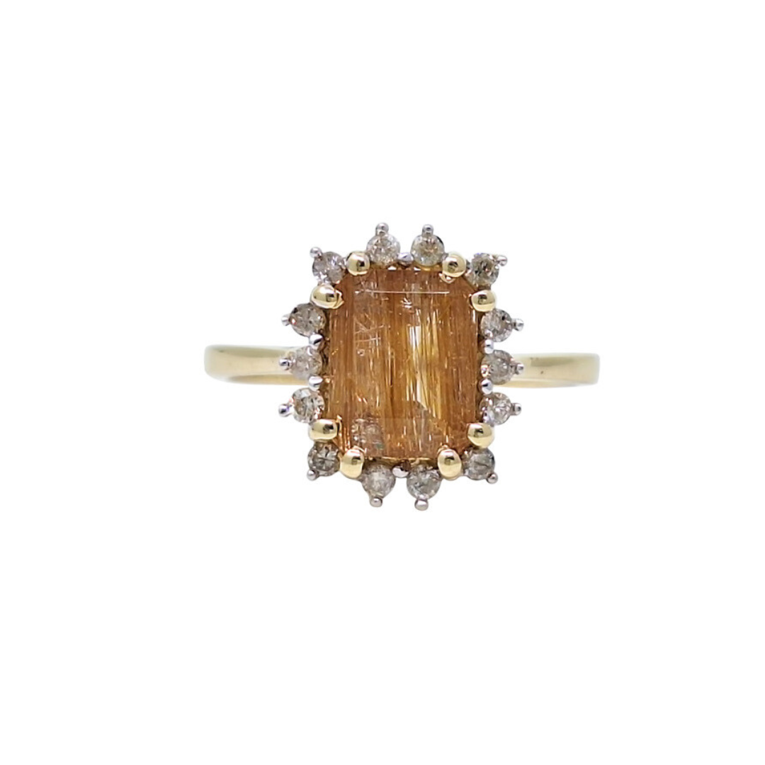 9ct Yellow Gold Rutile Quartz & Diamond Cluster Ring