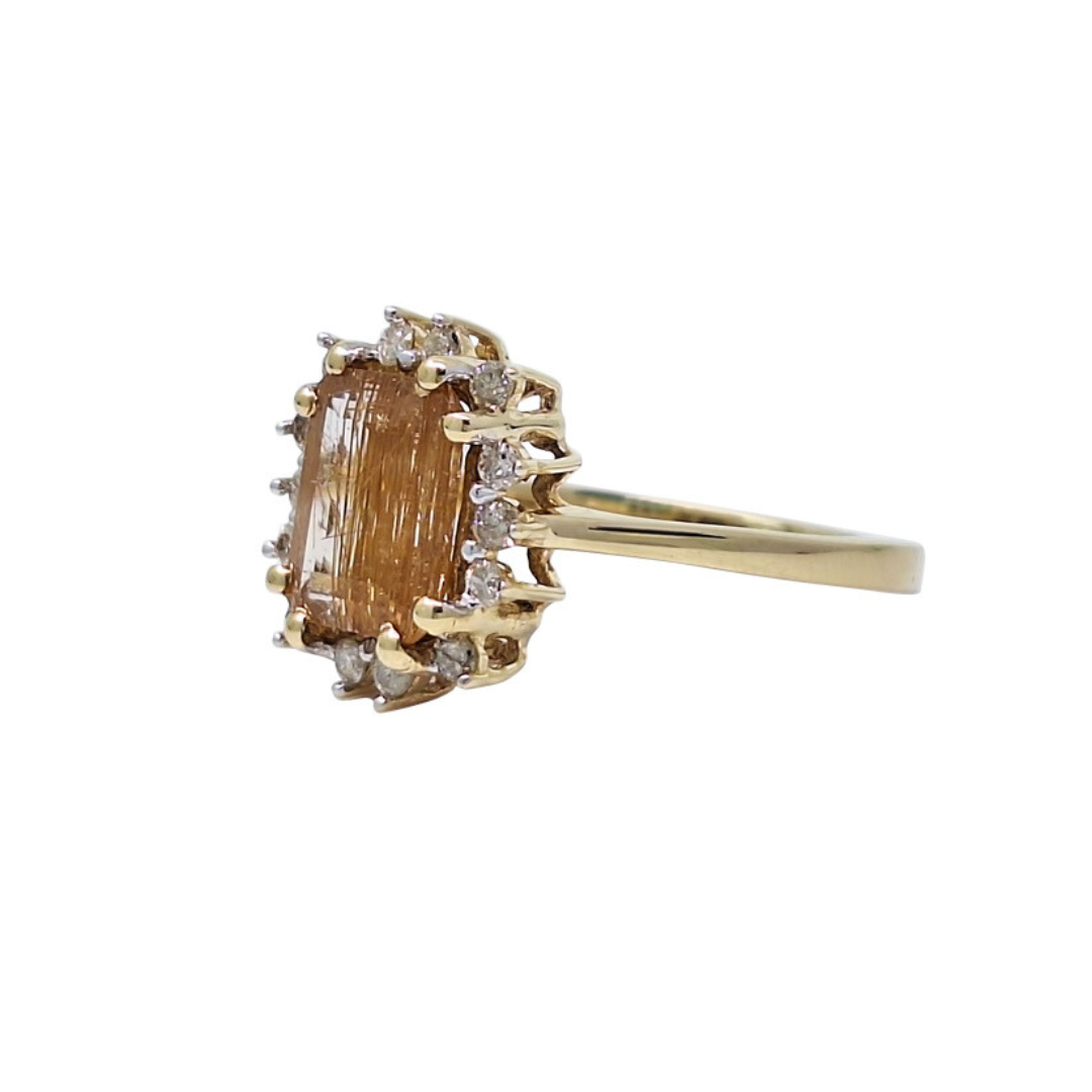 9ct Yellow Gold Rutile Quartz & Diamond Cluster Ring