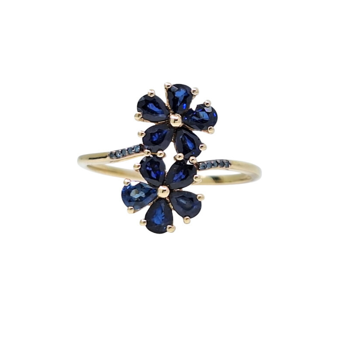 9ct Yellow Gold Sapphire & Blue Diamond Flower Ring