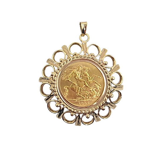 9ct Yellow Gold Full Sovereign Pendant 1957