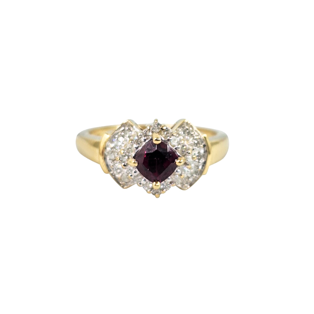 9ct Yellow Gold Rhodolite Garnet & Diamond Cluster Ring