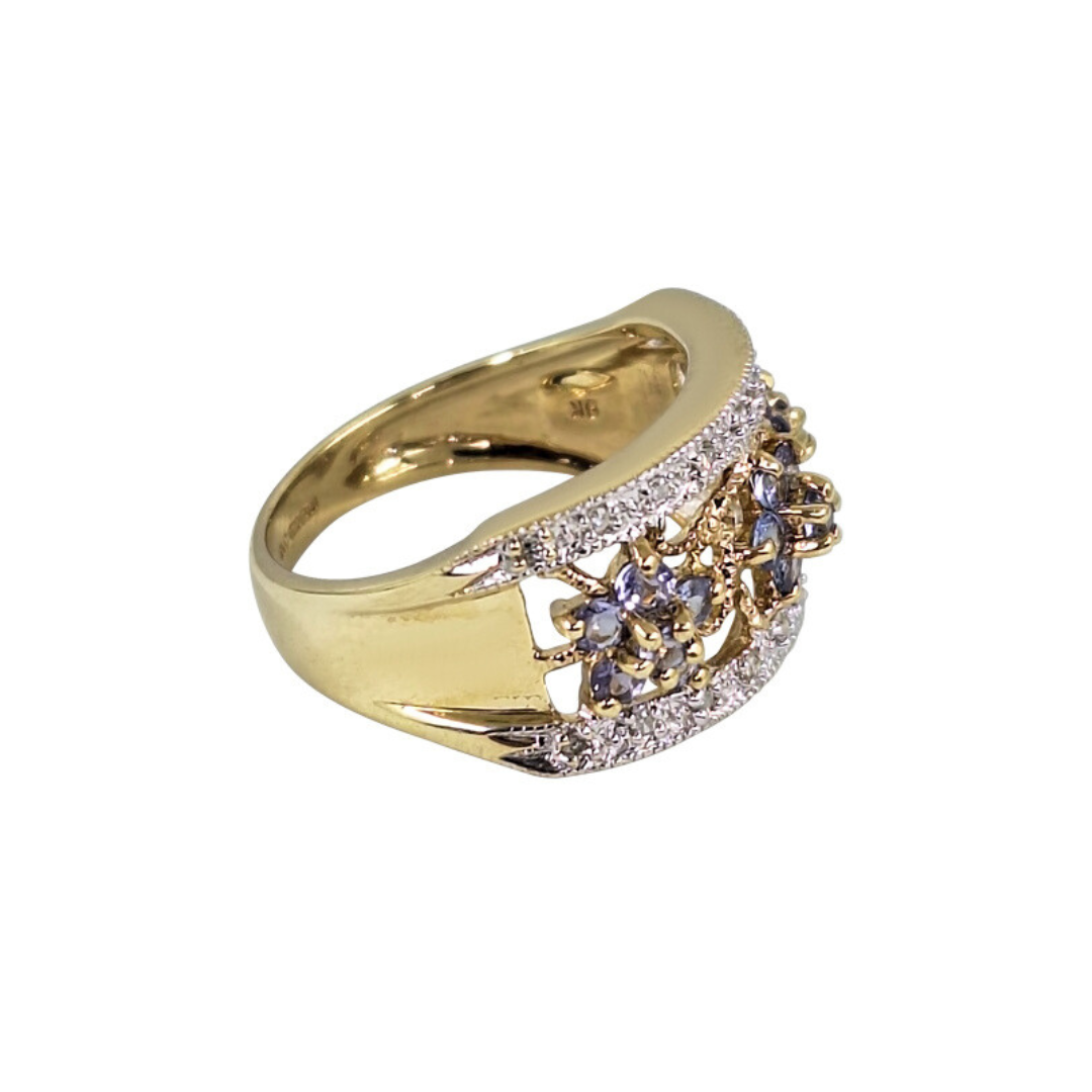 9ct Yellow Gold Tanzanite & Diamond Fancy Band Ring