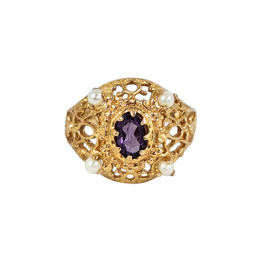 9ct Yellow Gold Amethyst & Pearl Ring