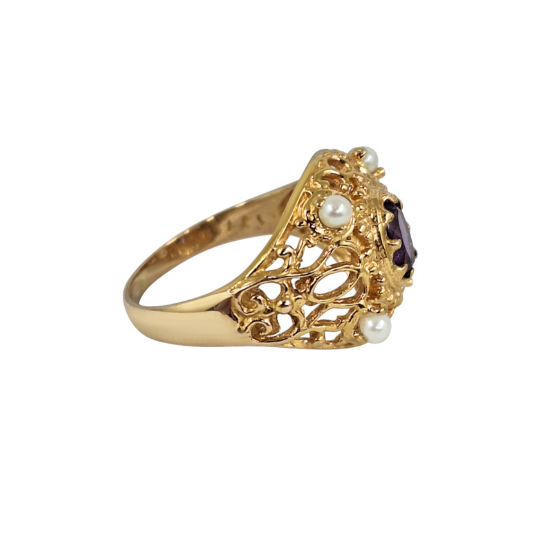 9ct Yellow Gold Amethyst & Pearl Ring