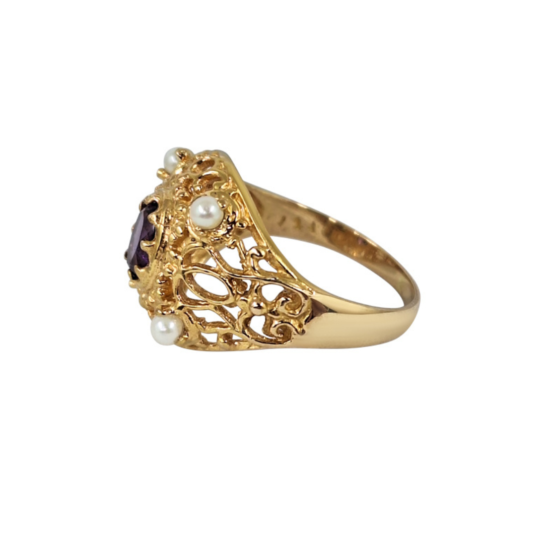 9ct Yellow Gold Amethyst & Pearl Ring