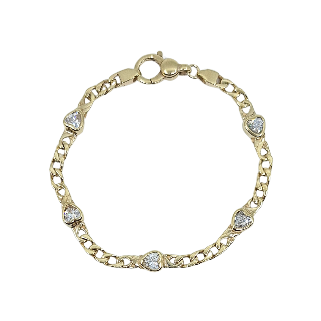 9ct Yellow Gold Curb Heart Cubic Zirconia Bracelet 7.5"