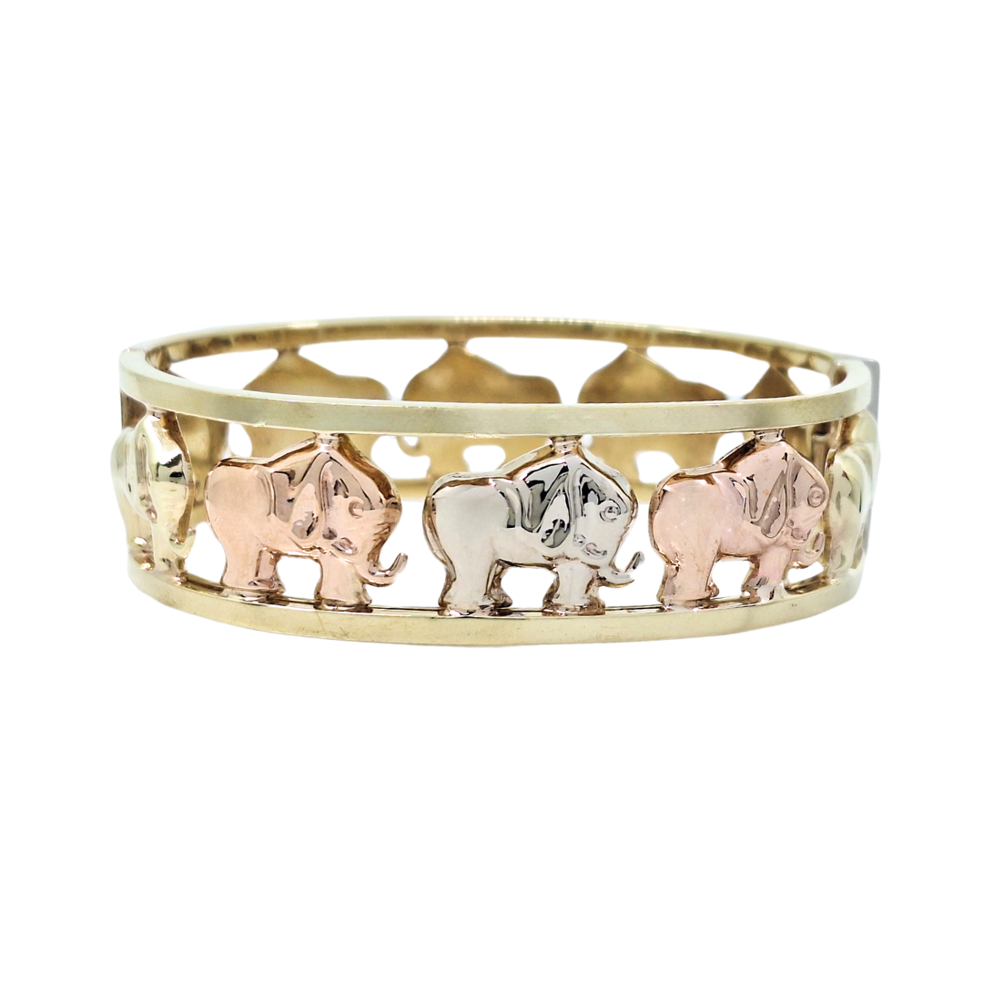 9ct Three Colour Gold Wide Elephant Bangle