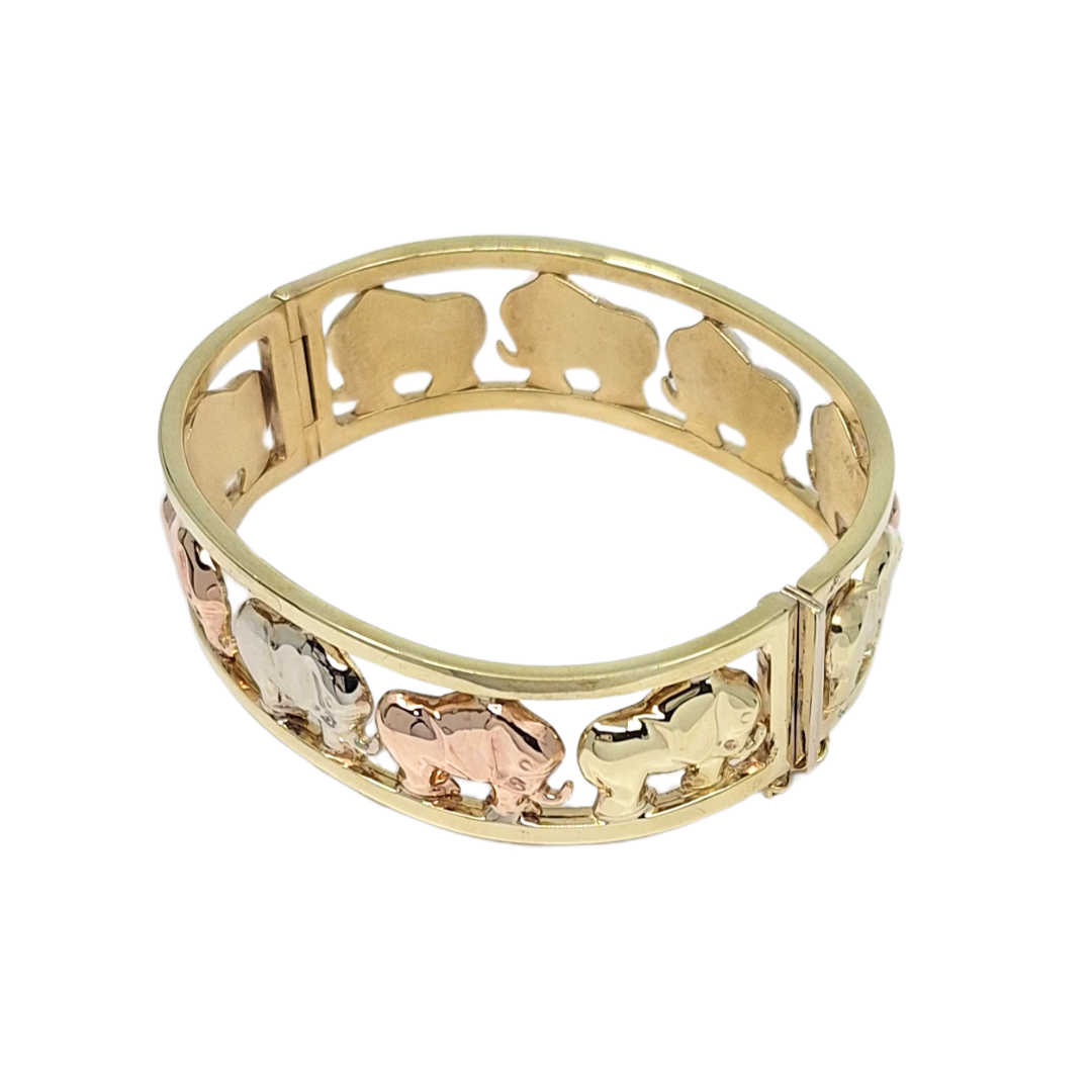 9ct Three Colour Gold Wide Elephant Bangle