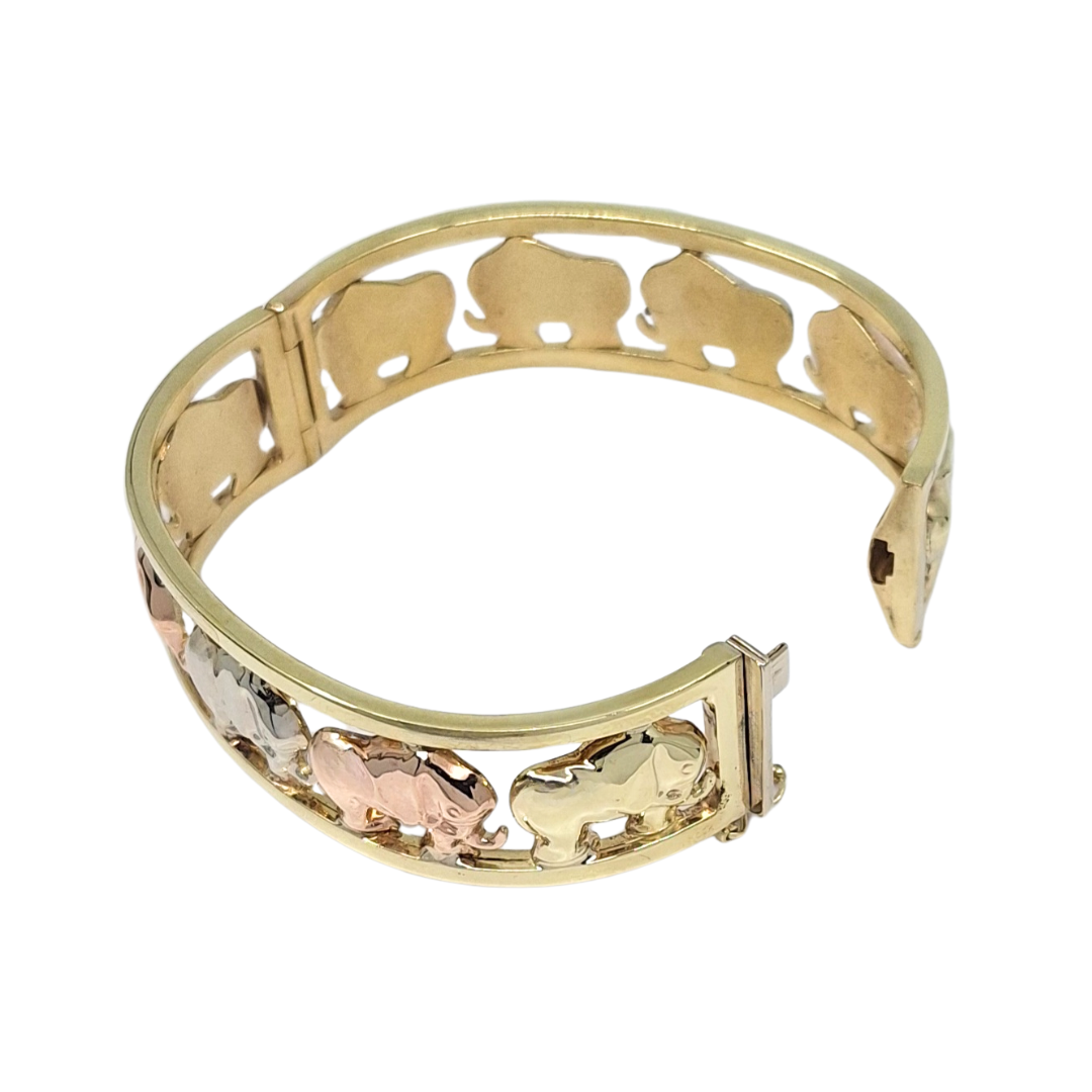 9ct Three Colour Gold Wide Elephant Bangle