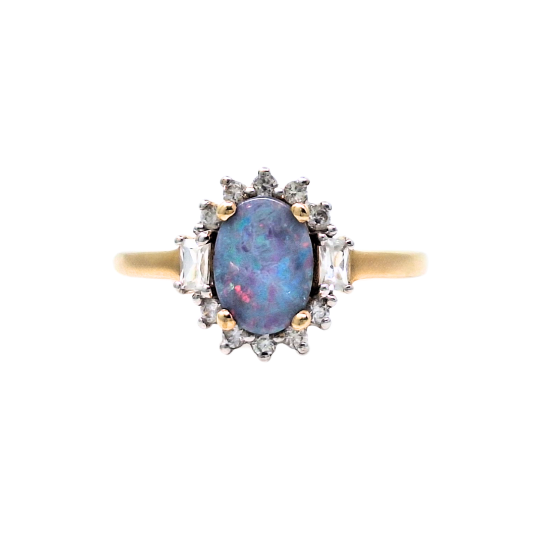 9ct Yellow Gold Opal Doublet & White Zircon Ring