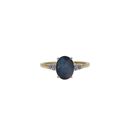 9ct Yellow Gold opal doublet & White Zircon ring