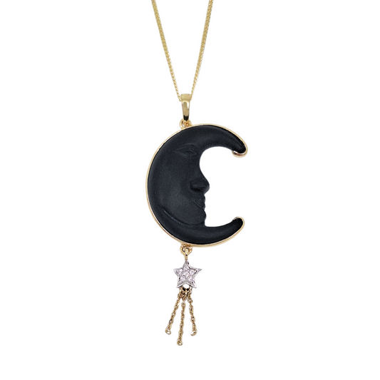 9ct Yellow Gold Onyx & Diamond Moon Pendant