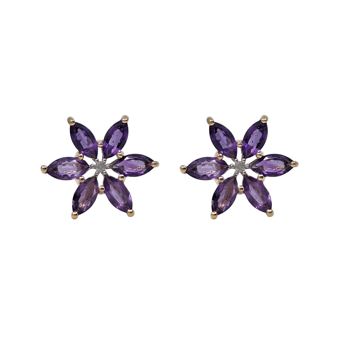 9ct Yellow Gold Amethyst Flower Stud Earrings